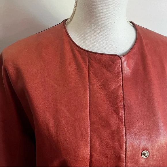 Longchamp • Authentic Red Lamb Leather Button Front Coat - Picture 3 of 11